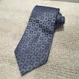 Jones New York Tie Blue Medallion Jacquard Monogram 100% Silk Foulard Old Money